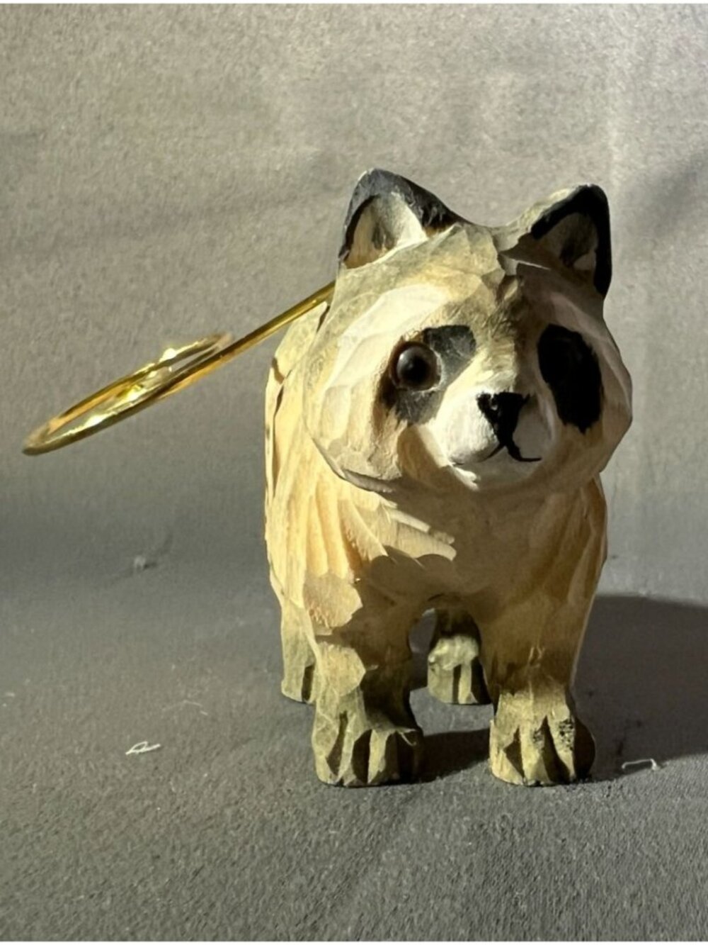 Hand-Carved Wooden Raccoon Ornament With Metal Display Hook